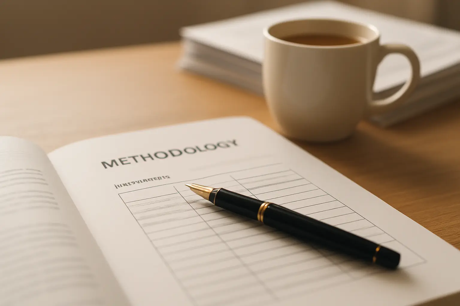 A printed thesis methodology chapter open at an instruments table with a pen resting on it