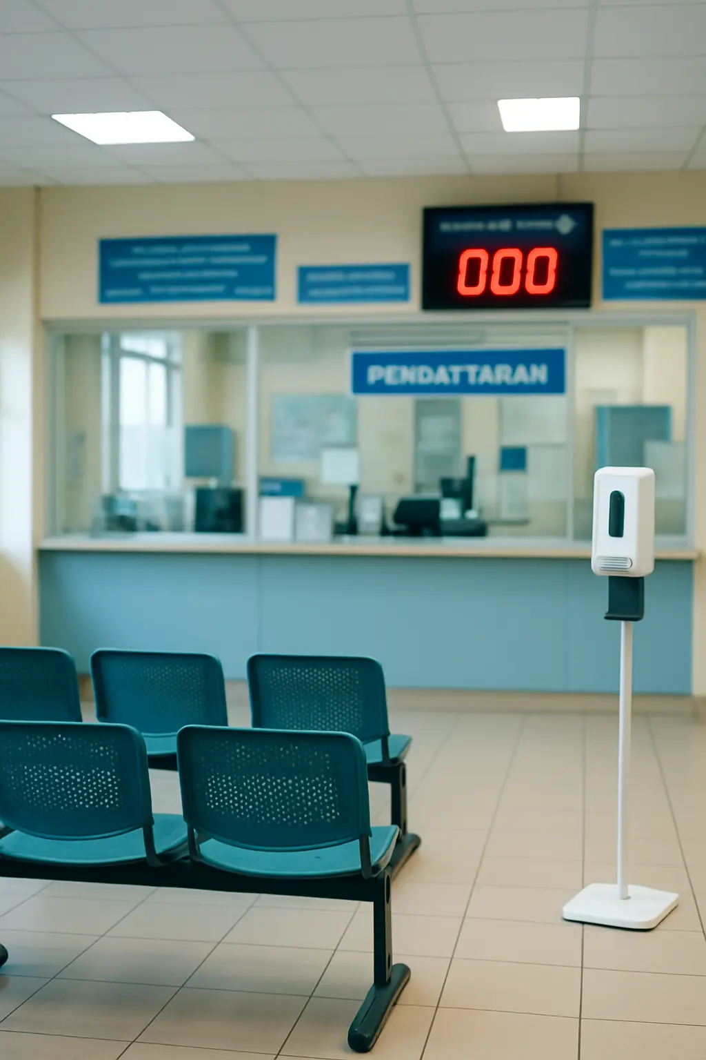 Kaunter pendaftaran klinik kesihatan awam dengan barisan kerusi menunggu yang kosong
