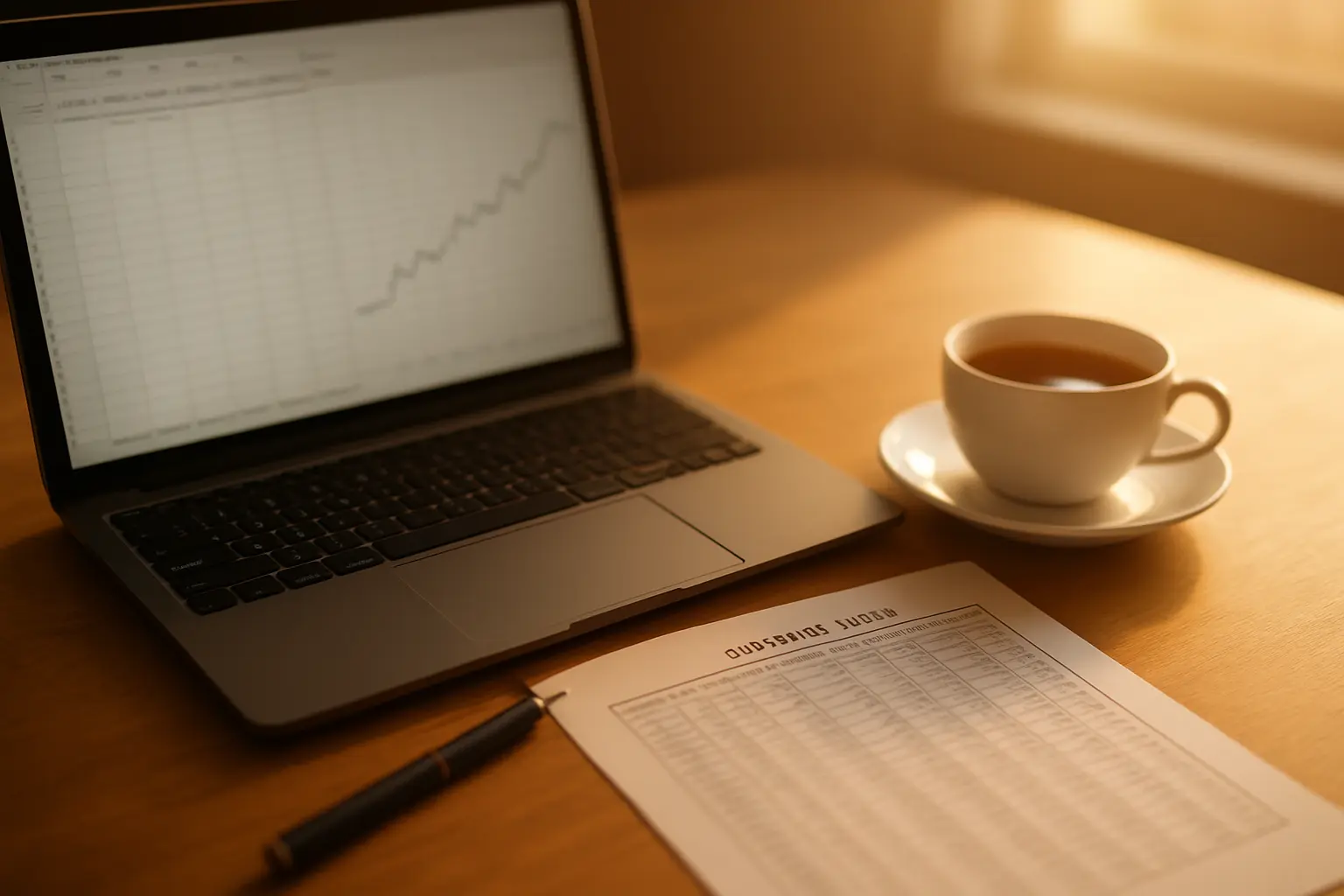 A spreadsheet of daily share prices with a line chart beside a printed exchange rate table