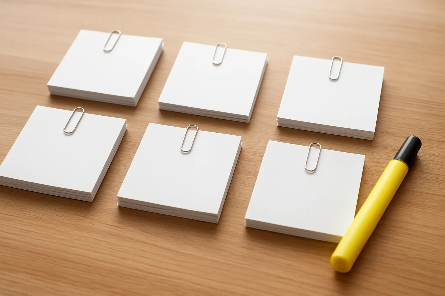 Index cards sorted into six labelled clusters on a wooden desk