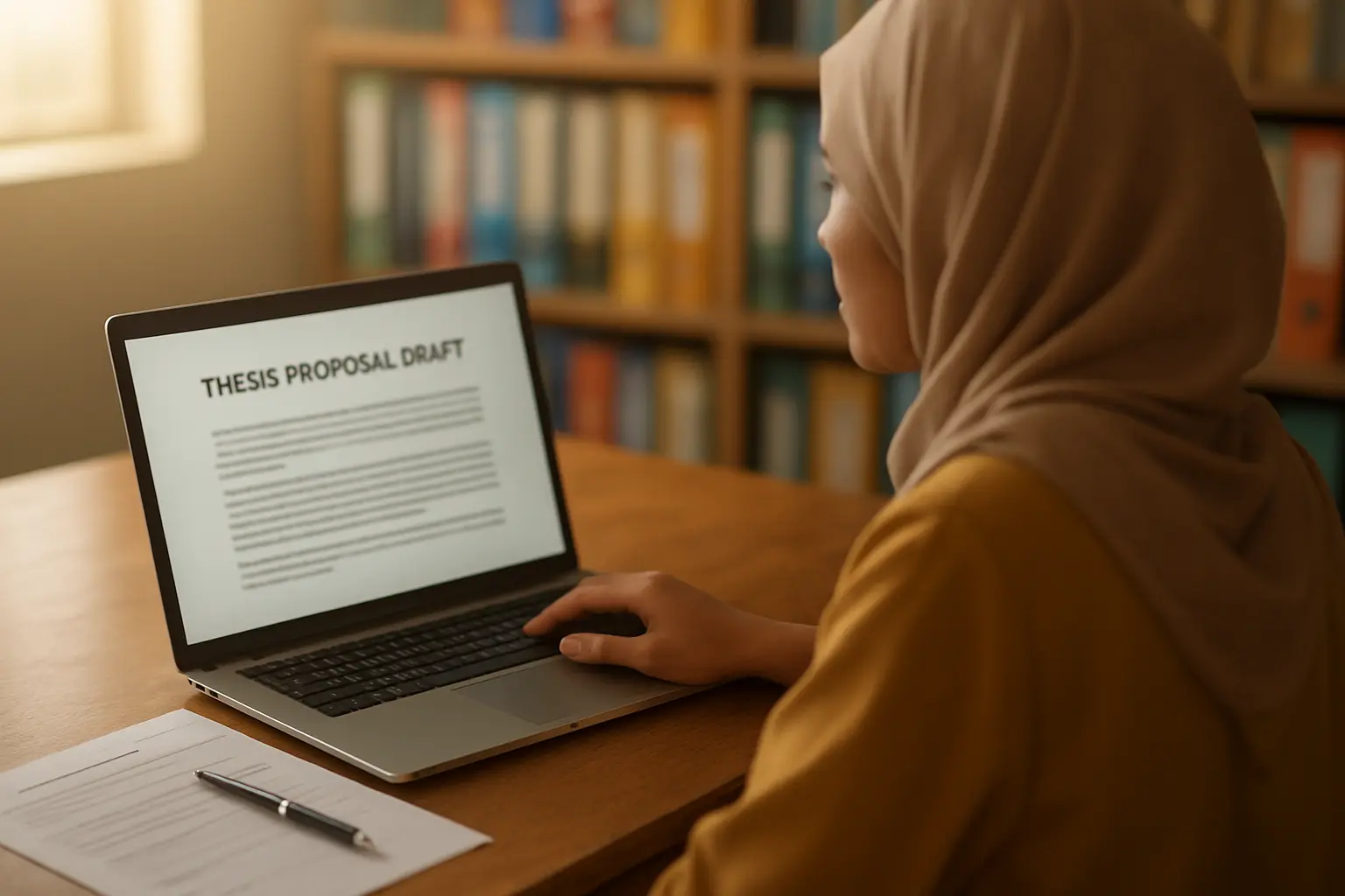 Guru muda menyemak draf cadangan tesis pada komputer riba di bilik guru