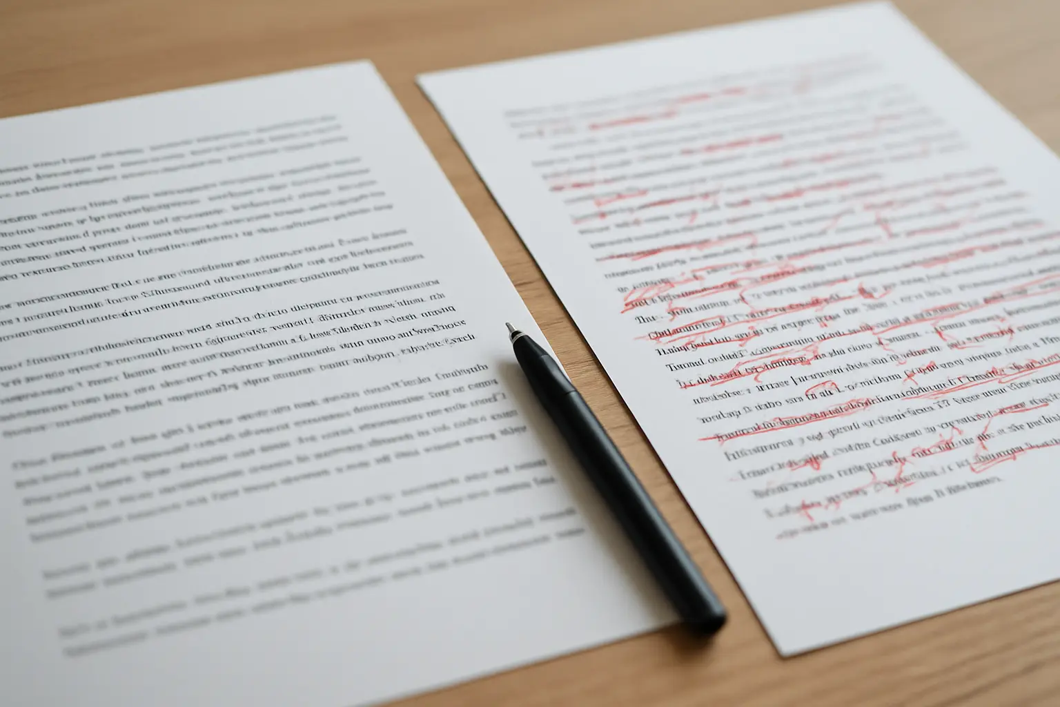 Two pages of a thesis sample edit side by side, one lightly marked and one heavily marked