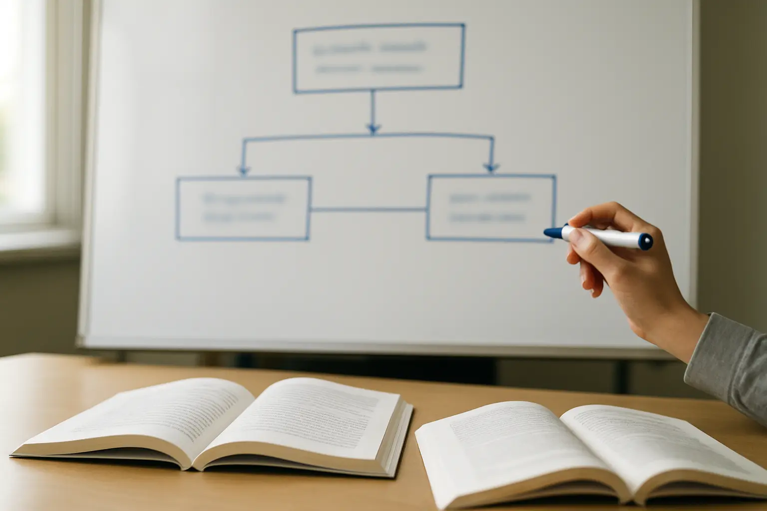 A hand-drawn theoretical framework diagram of boxes and arrows on a seminar room whiteboard
