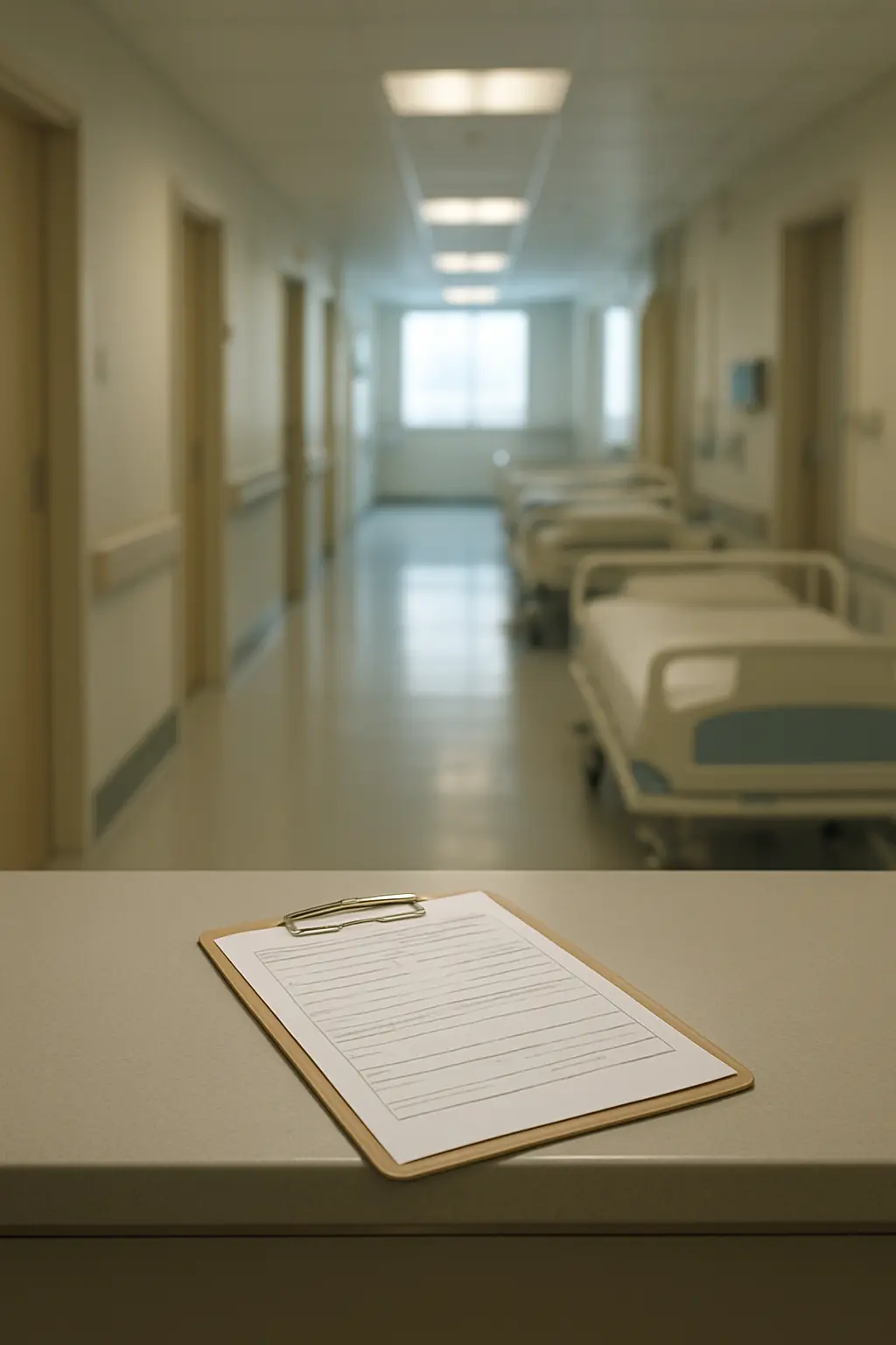 A hospital ward corridor seen from a nursing station with a clipboard in the foreground