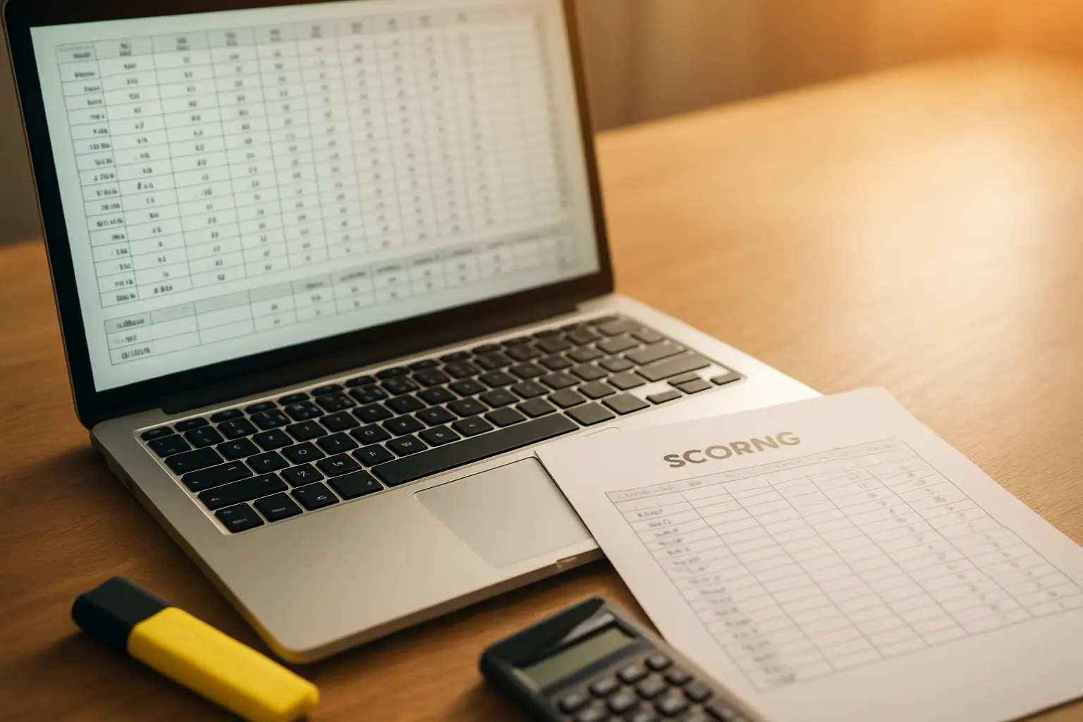 Scoring questionnaire responses in a spreadsheet next to a printed scoring sheet
