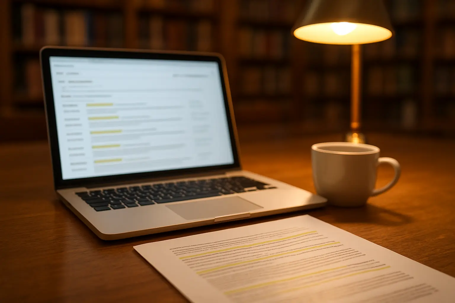 A legal database results list on a laptop beside a printed judgment marked with highlighter
