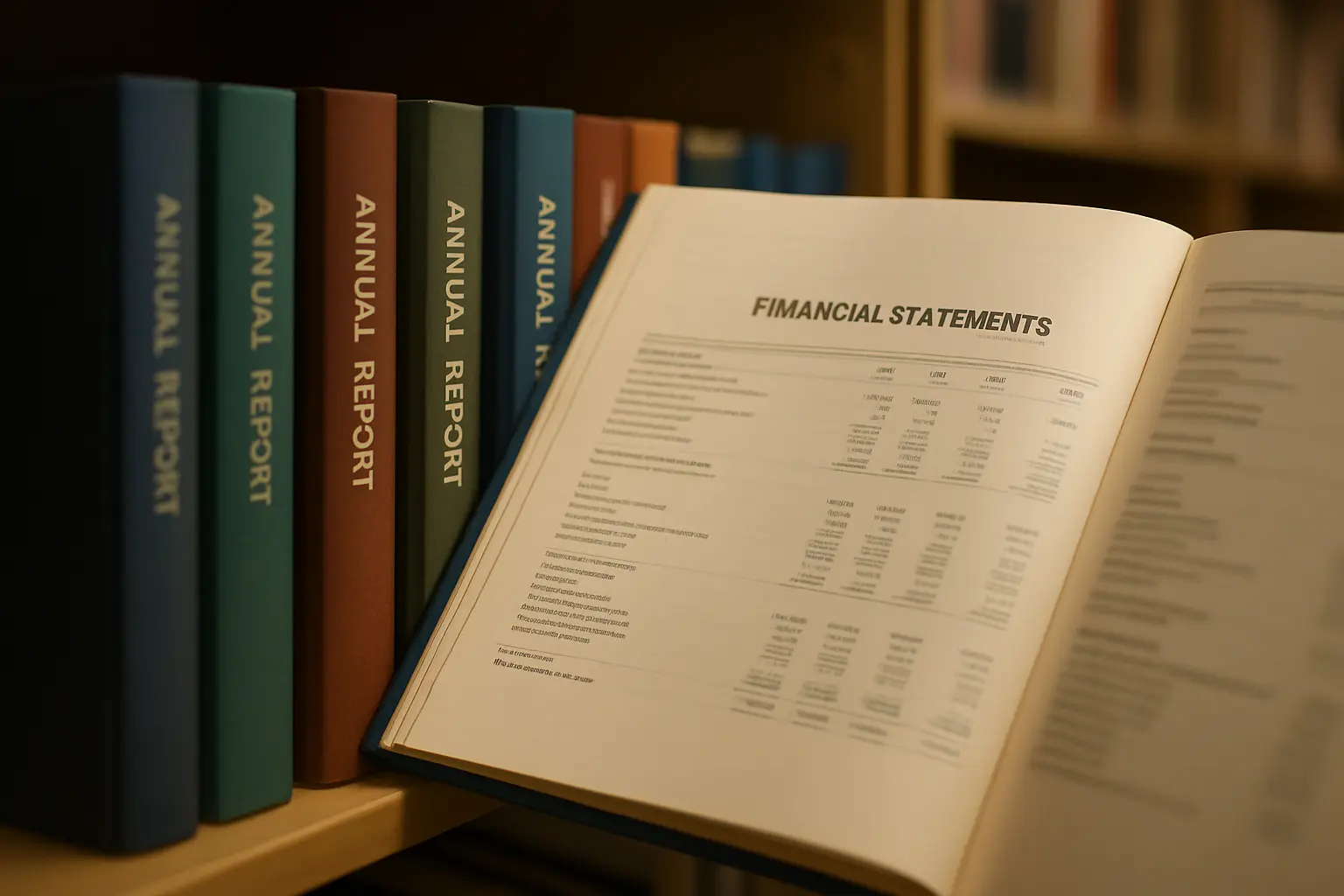 Printed company annual reports on a library shelf with one open at the financial statements