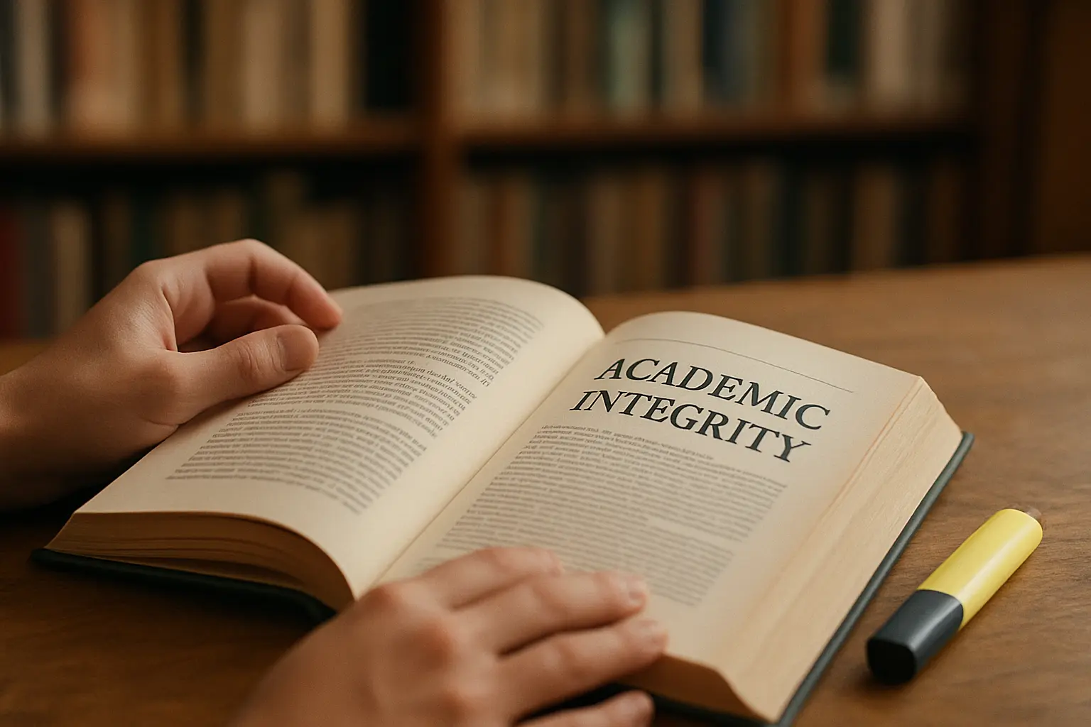 A student reading a university academic integrity handbook in a library