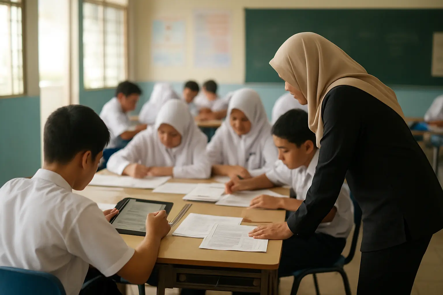 Pupils working in small groups in a Malaysian classroom while a teacher scaffolds one group