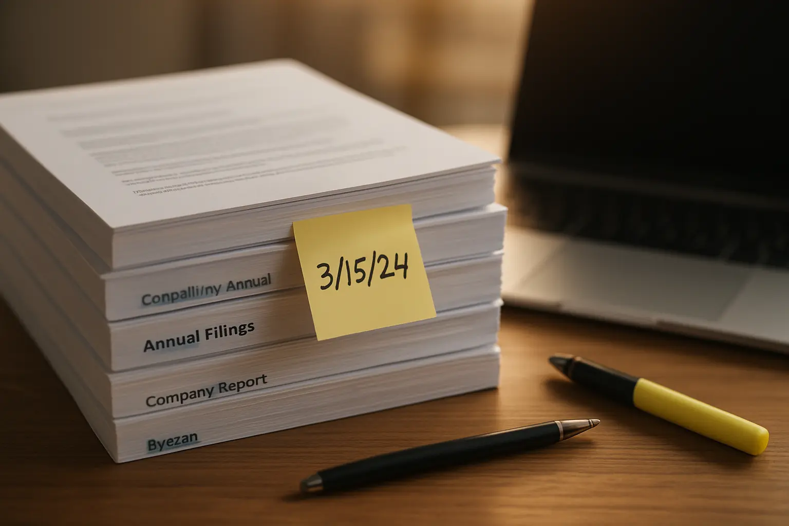 A stack of printed company filings beside a laptop with the download date written on a sticky note