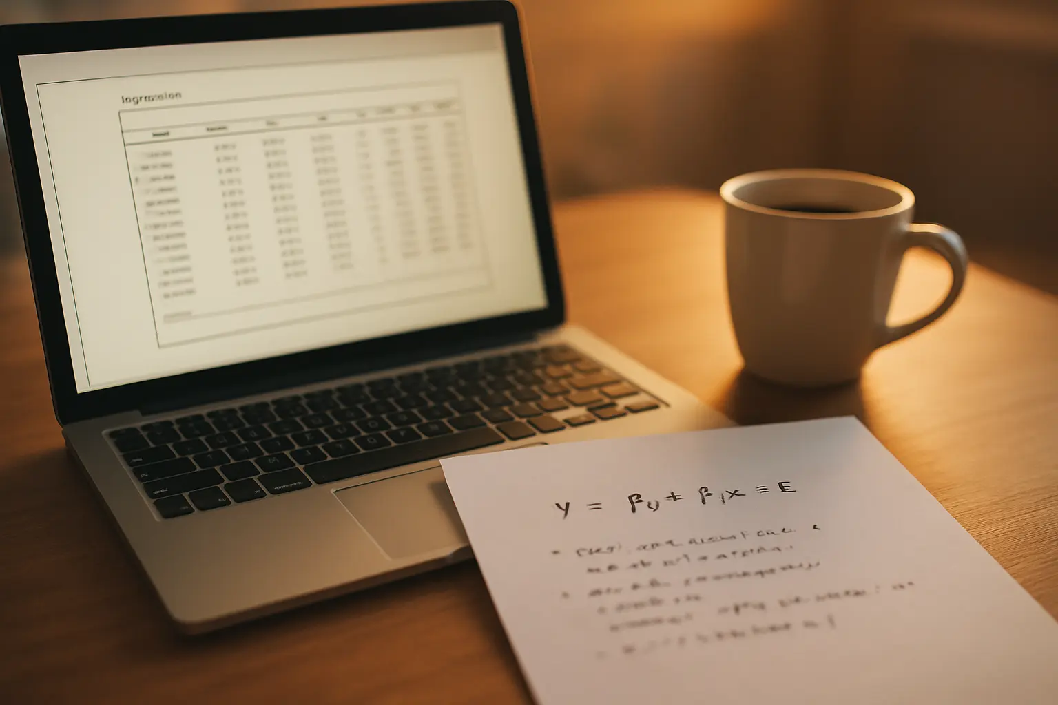 A statistics program showing a panel regression output beside handwritten model notes