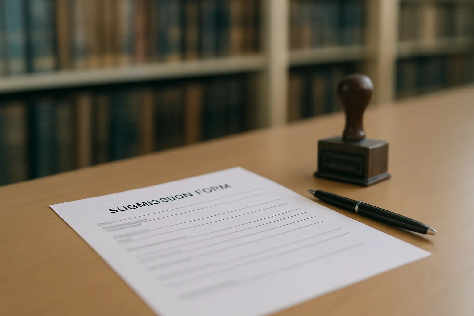 Borang penyerahan tesis di atas meja kaunter perpustakaan dengan pen dan cop