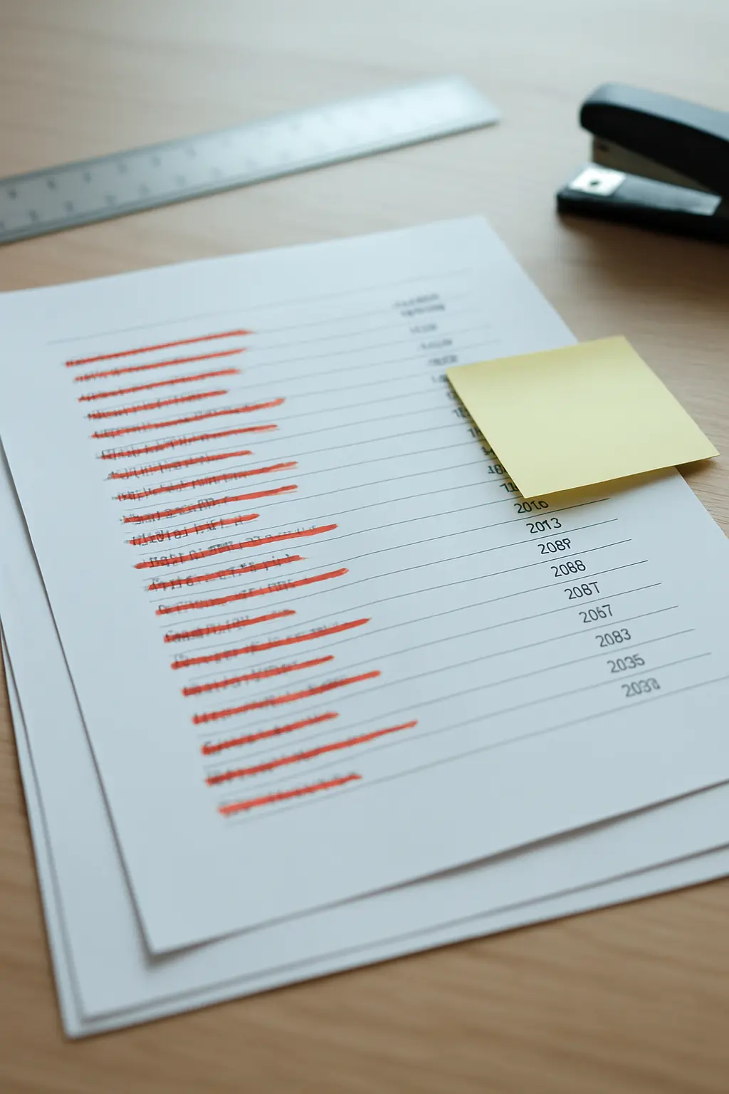 A printed firm-year sample list with excluded rows struck through in red pen