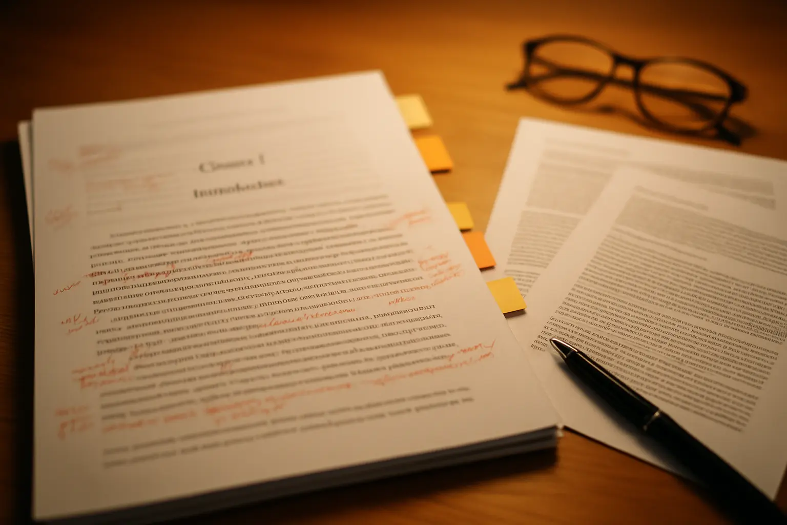 A nursing thesis discussion chapter draft marked with comparison notes beside two journal articles