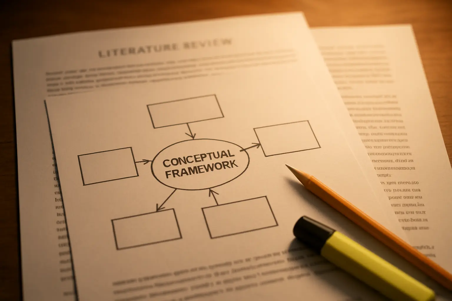 Printed pages of a thesis literature review with a hand-drawn conceptual framework diagram on top