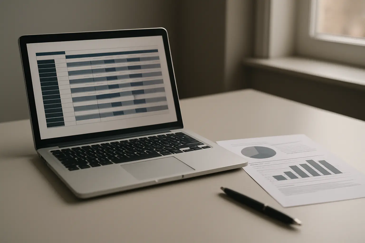 Komputer riba memaparkan jadual data rasmi di atas meja