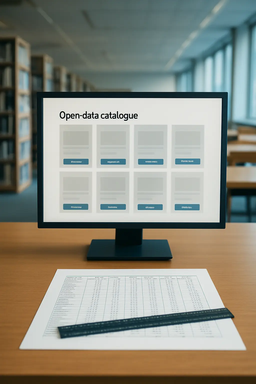 An open-data catalogue on a library monitor beside a printed macroeconomic table