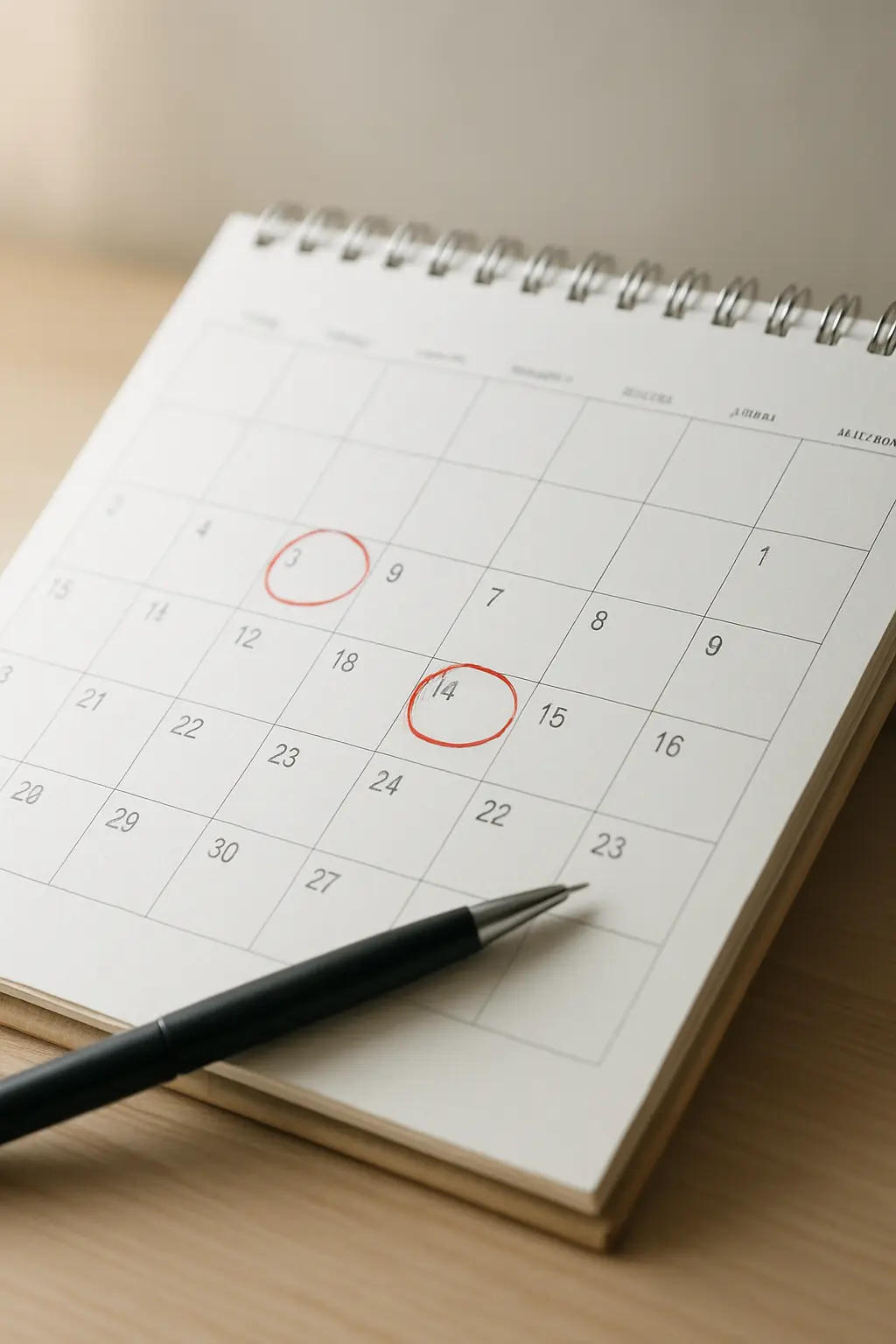Kalendar dengan tarikh penting dibulatkan dan hari penampan dibiarkan kosong