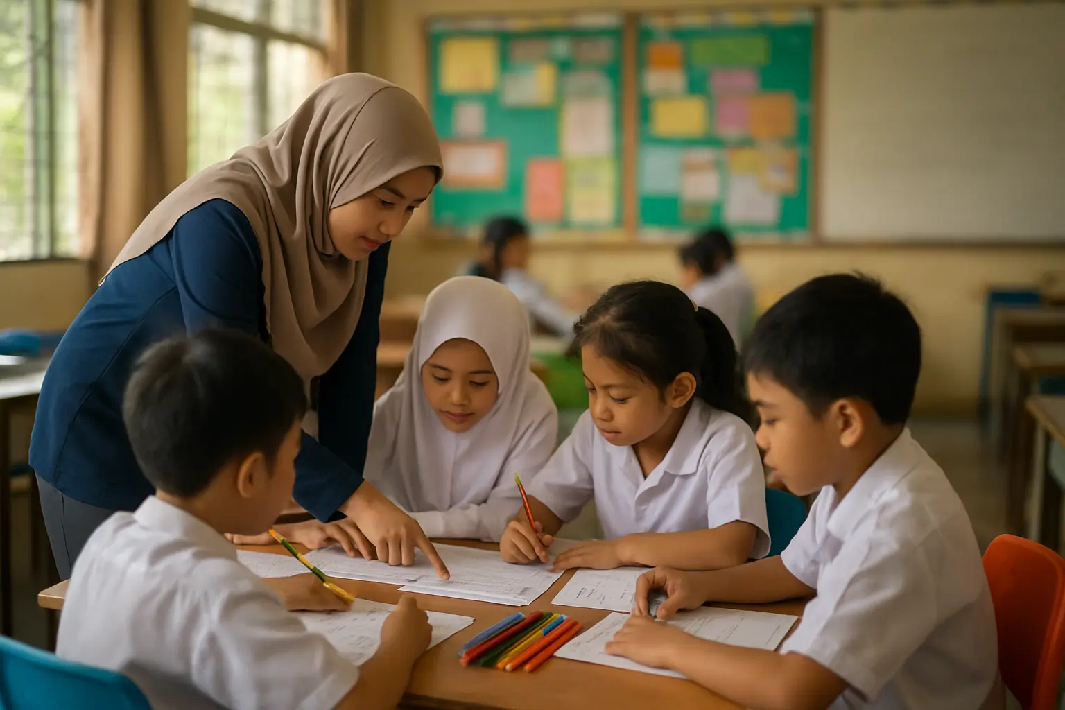 Guru berbincang dengan murid di bilik darjah sekolah rendah Malaysia semasa aktiviti berkumpulan