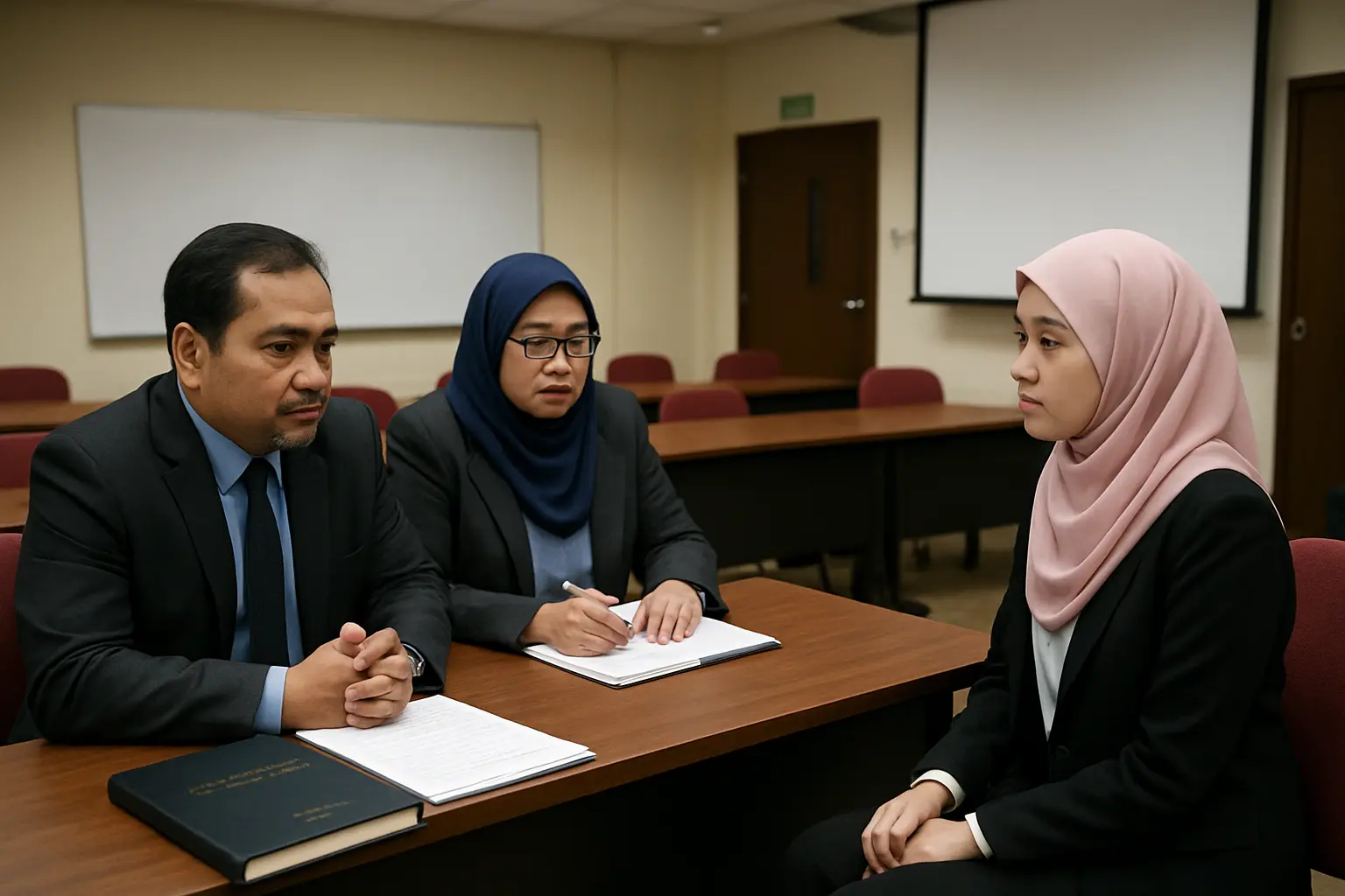 Two examiners and a student at a Malaysian university viva table with a criminology thesis and notes