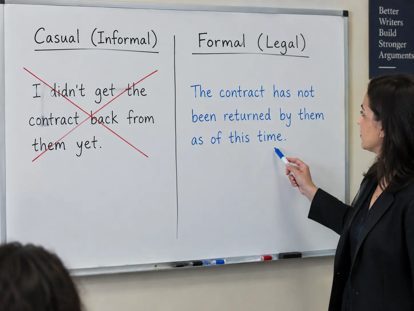 Whiteboard comparison of a casual sentence rewritten into formal legal register, illustrating a before-and-after edit
