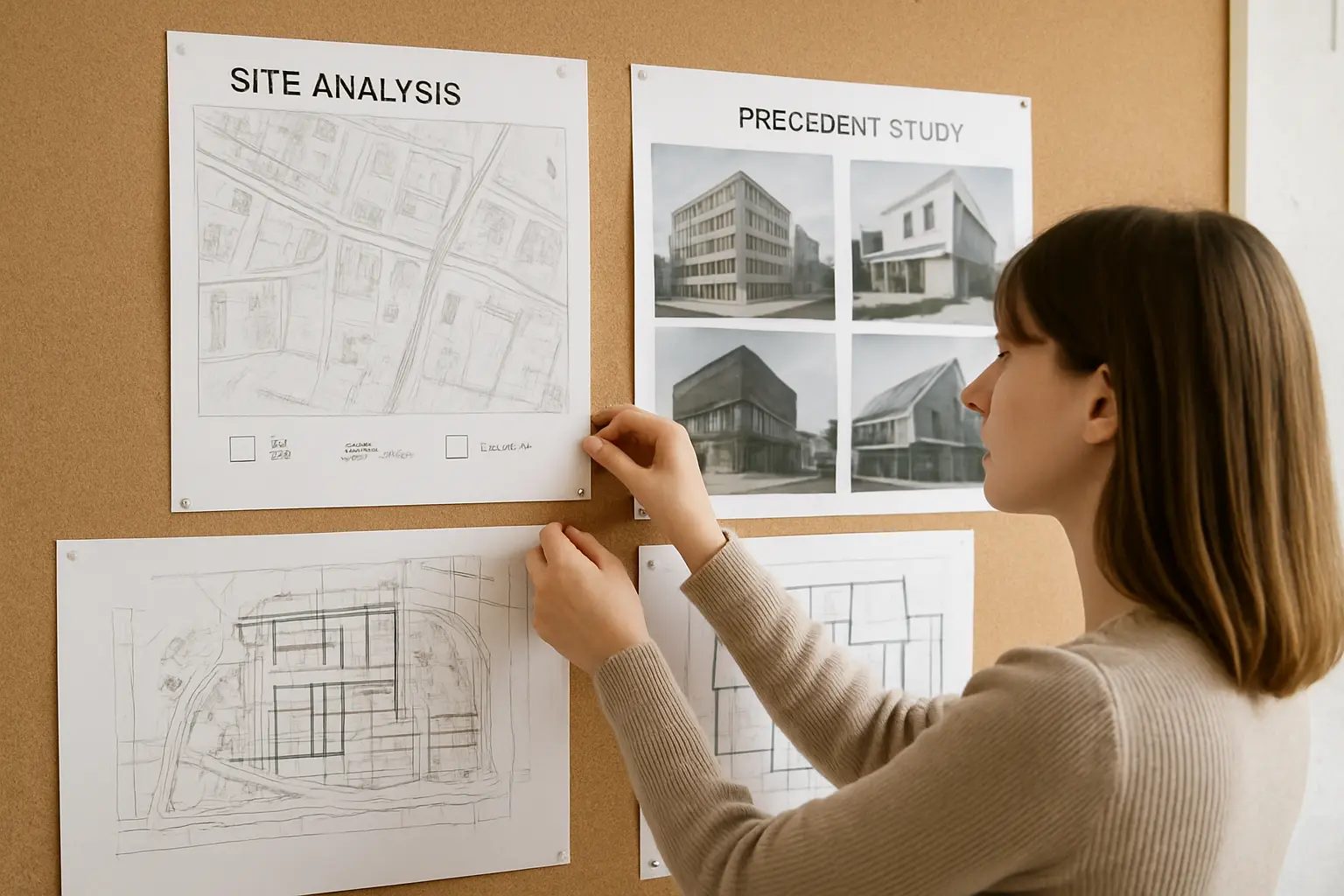 An architecture student pinning up site analysis drawings and precedent study boards in a Malaysian university design studio