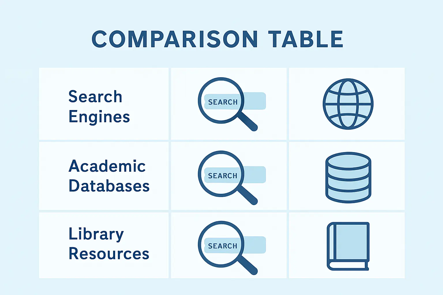 Table illustration showing search terms, databases and what each search checks for in a marketing thesis