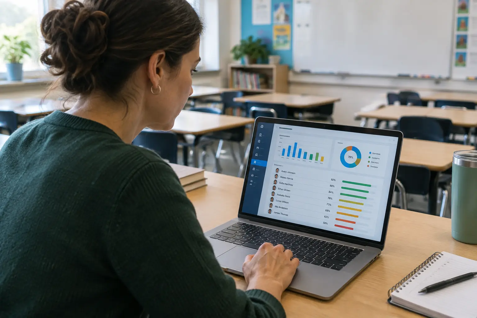 Teacher at a laptop reviewing an AI-based grading dashboard in a Malaysian secondary school classroom