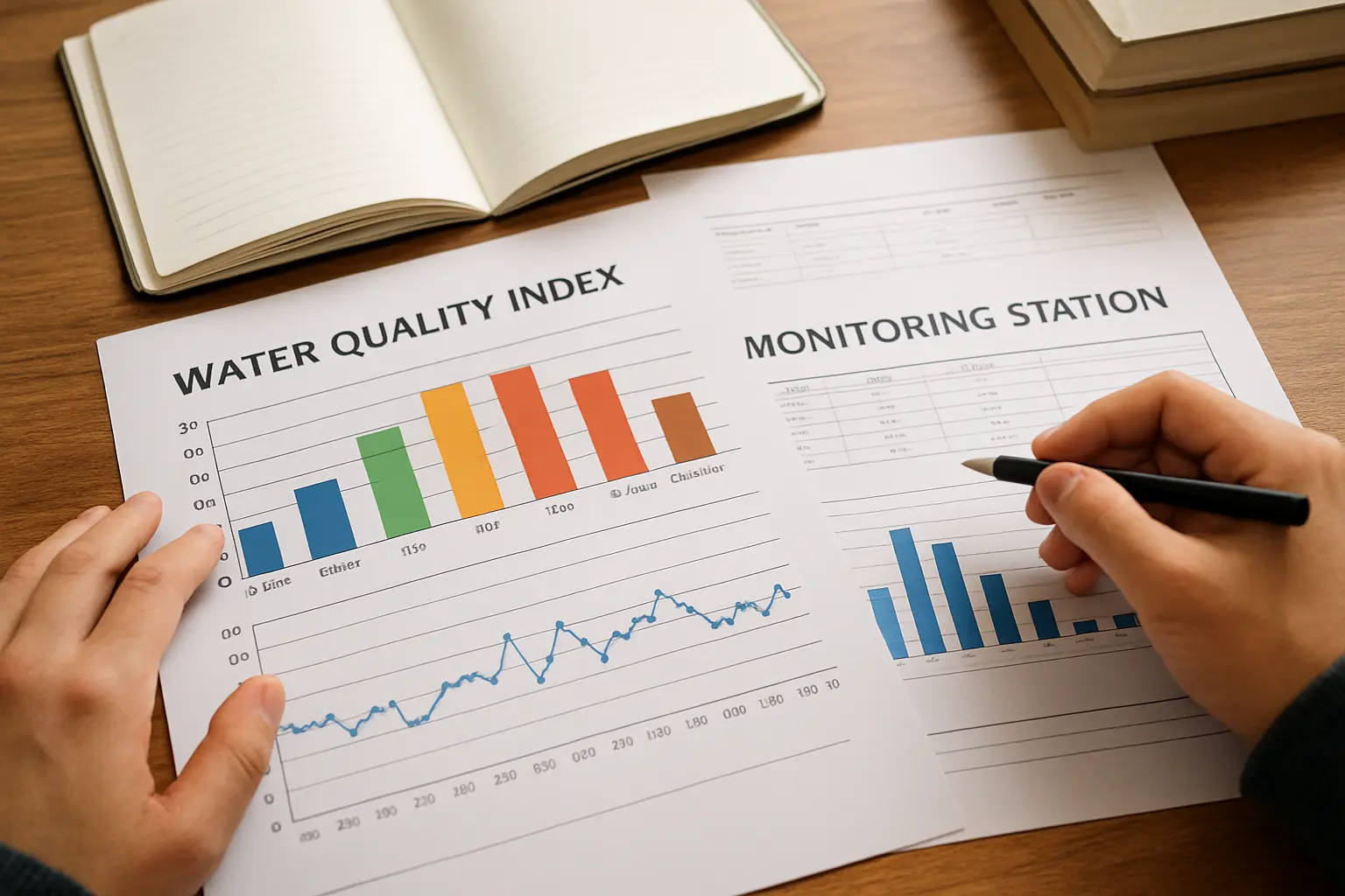 A student reviewing environmental monitoring station data on a laptop beside printed water quality index charts