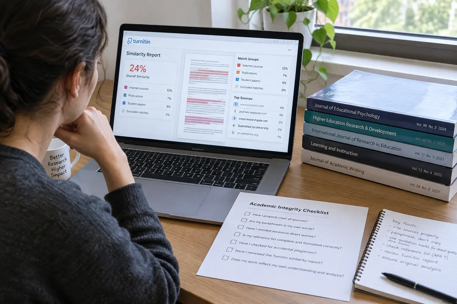 Student reviewing a Turnitin similarity report on a laptop beside a printed checklist and journal articles, representing the plagiarism check step before thesis submission