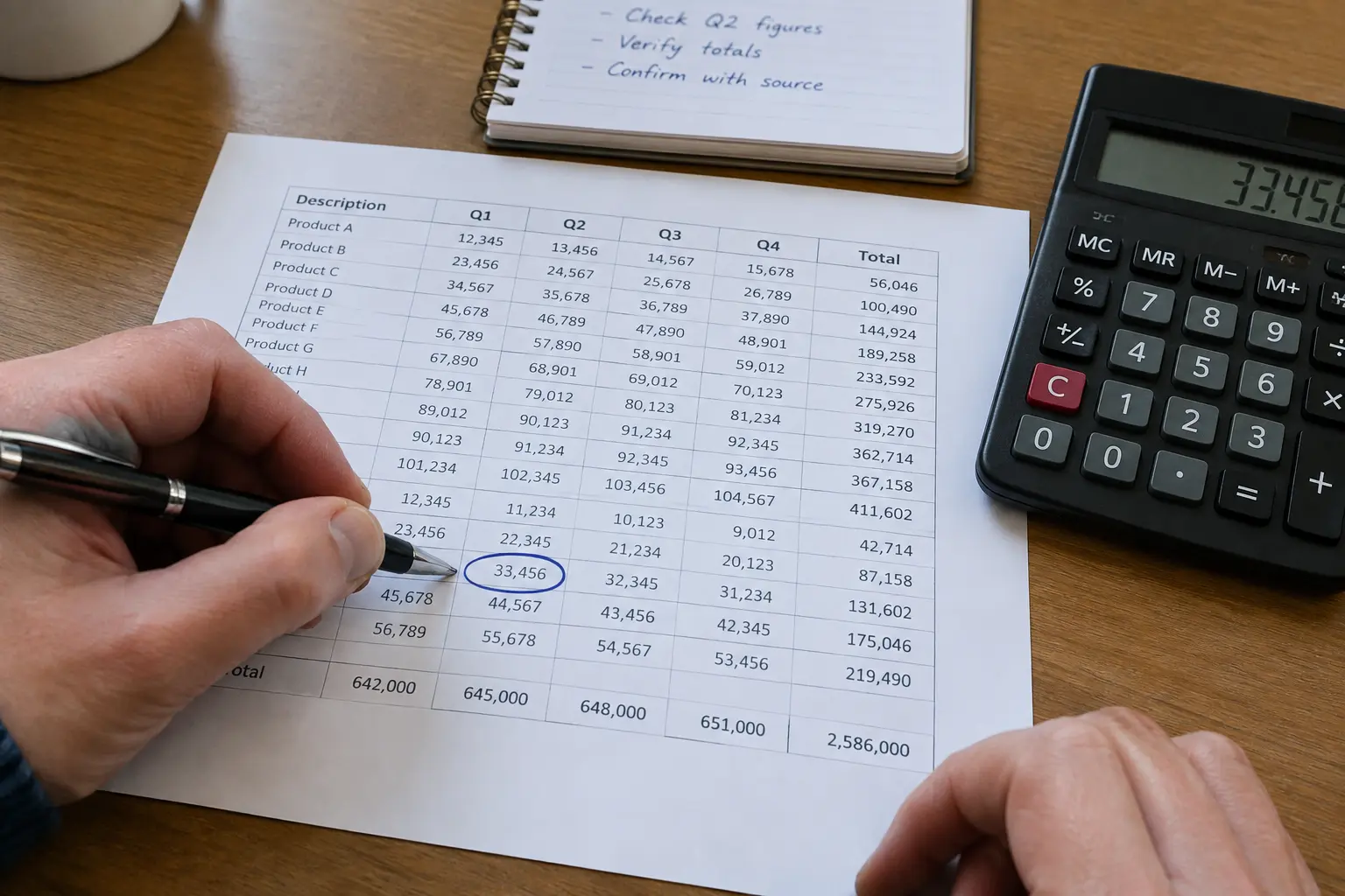 Jadual keputusan bercetak dengan pen membulatkan satu angka bersebelahan kalkulator, mewakili semakan silang angka dalam Bab 4