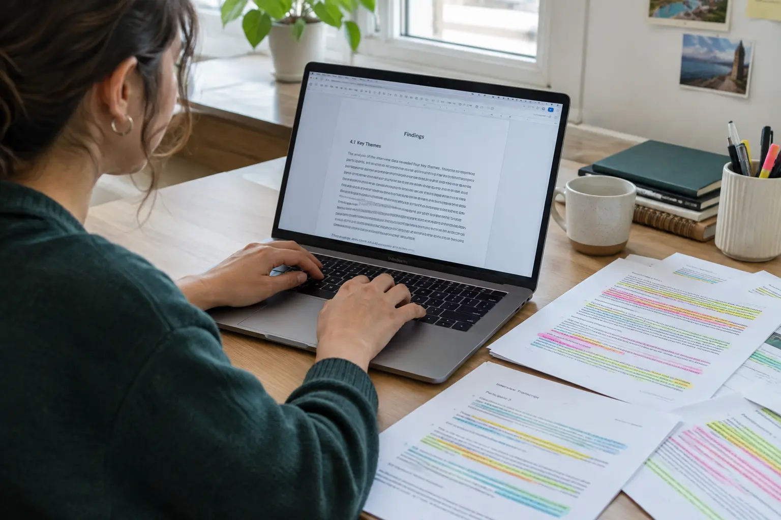 Psychology student writing a qualitative findings chapter with coded transcript extracts and highlighted themes on a desk