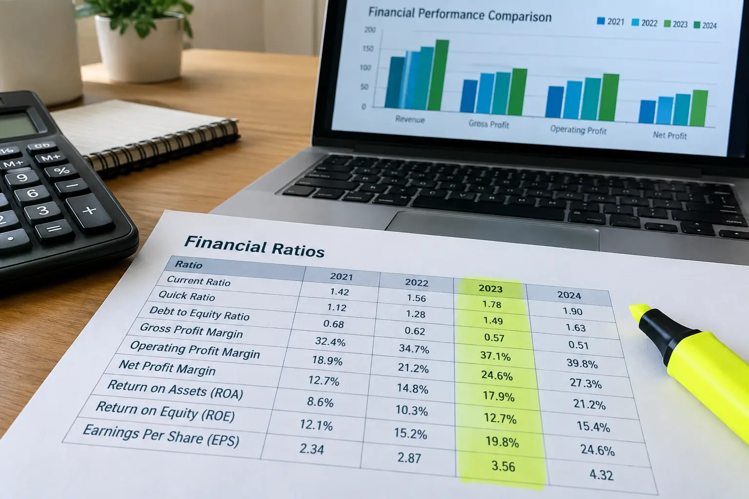 Printed financial ratio table with a highlighted column beside a calculator and a laptop bar chart, representing benchmark comparison in financial analysis
