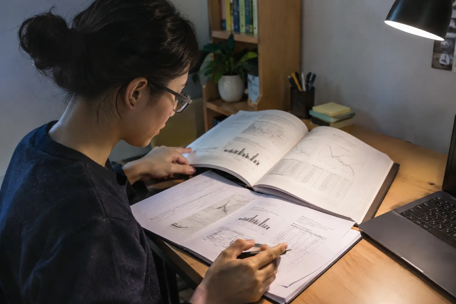 Student checking a thesis chapter's table and figure numbering against UTHM's own printed writing guide