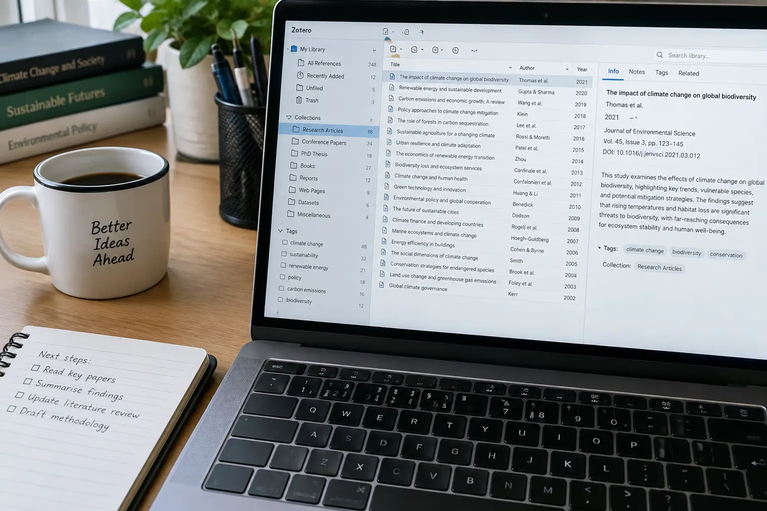 Laptop screen showing a reference manager with organised citation folders, representing a research reference-management workflow