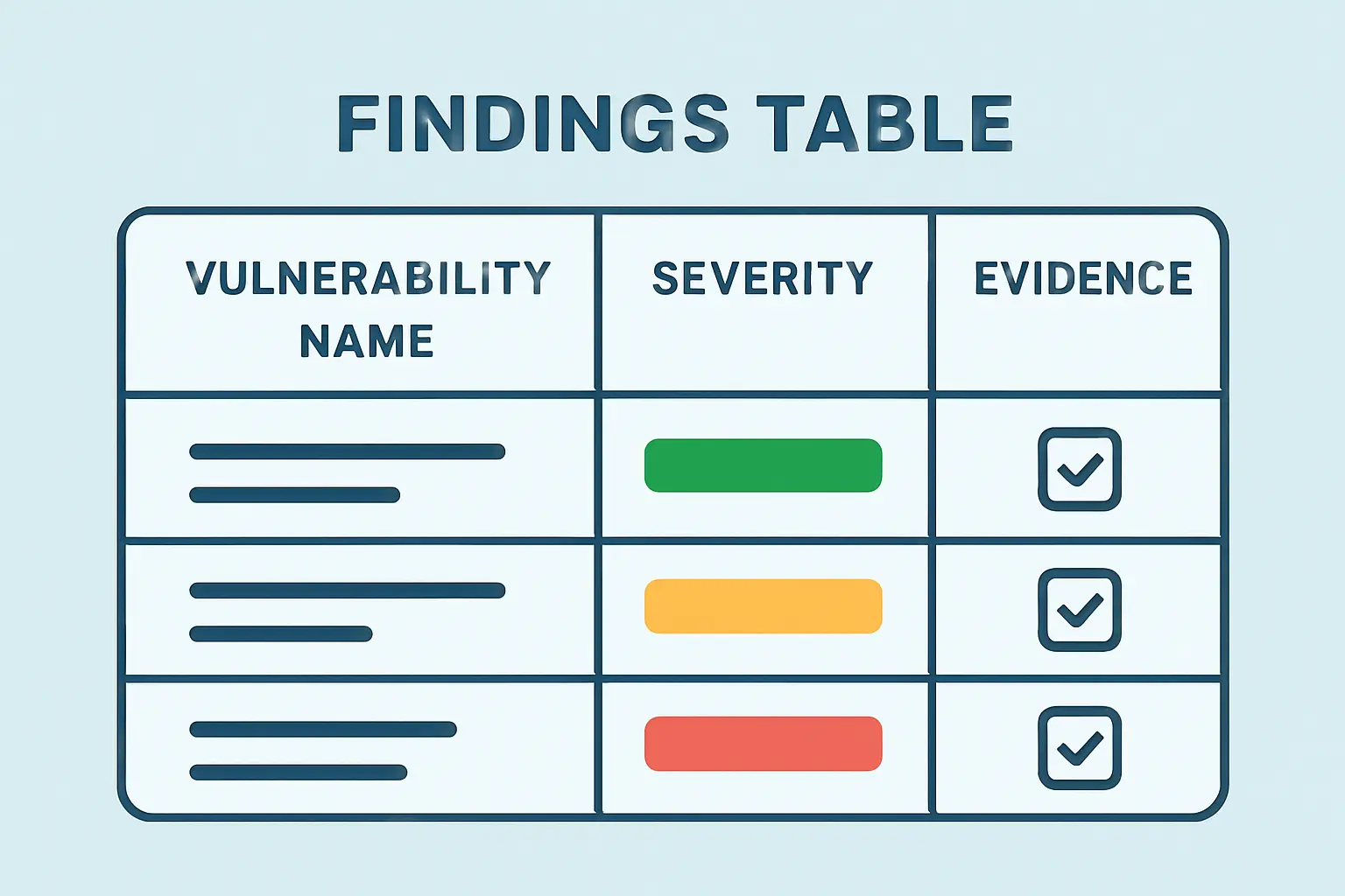 Illustration of a vulnerability findings table with severity ratings for a cybersecurity thesis