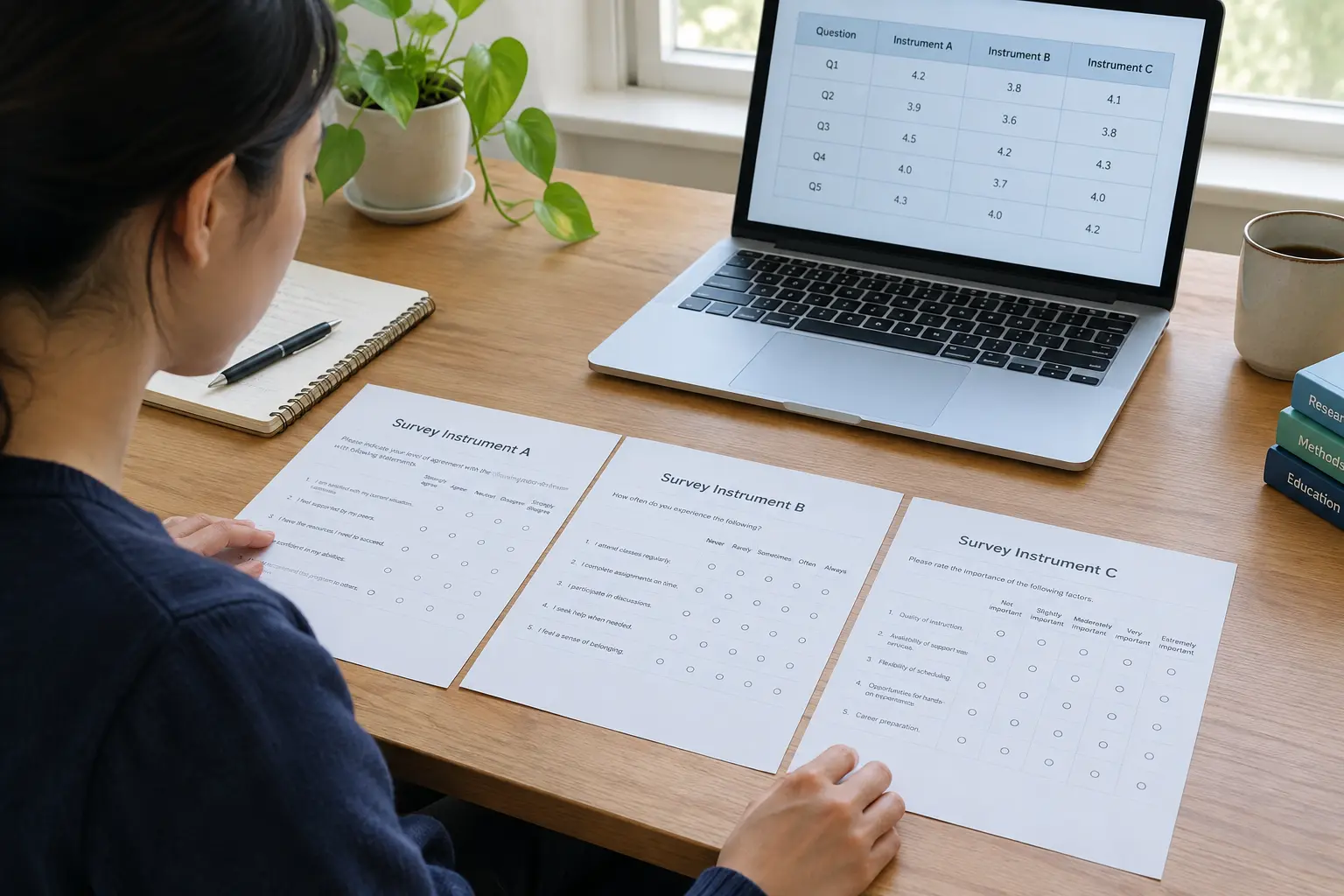 HRM student comparing three printed employee survey instruments at a desk with a laptop showing a comparison table