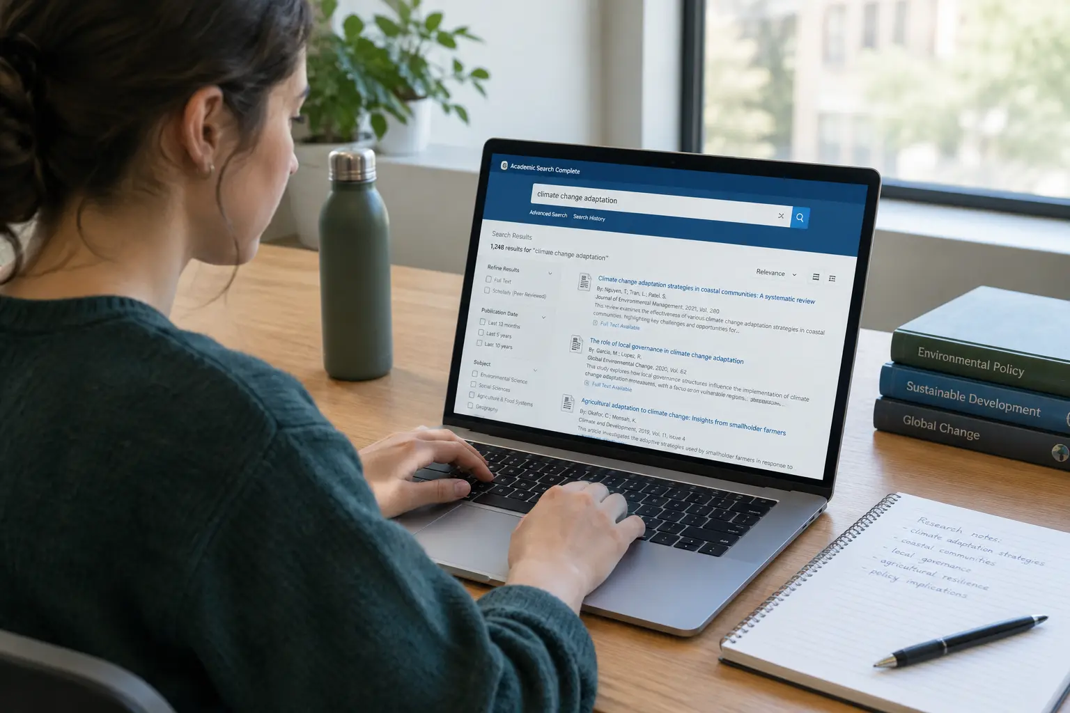 Nurse researcher reviewing a stack of journal articles at a desk, representing a systematic literature search before writing a gap statement