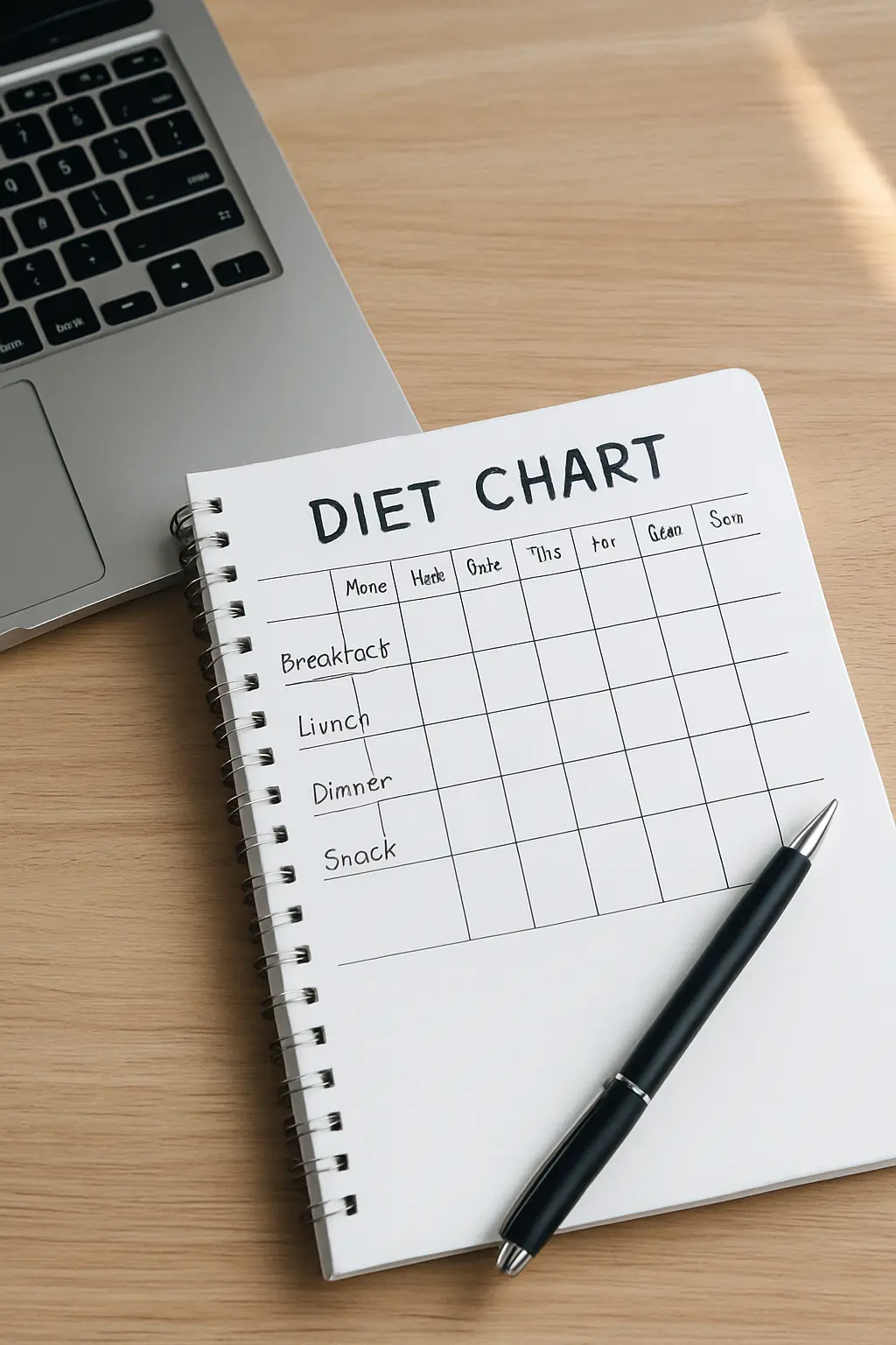 Buku nota kajian pemakanan dengan jadual diet dan pen di sebelah komputer riba pelajar