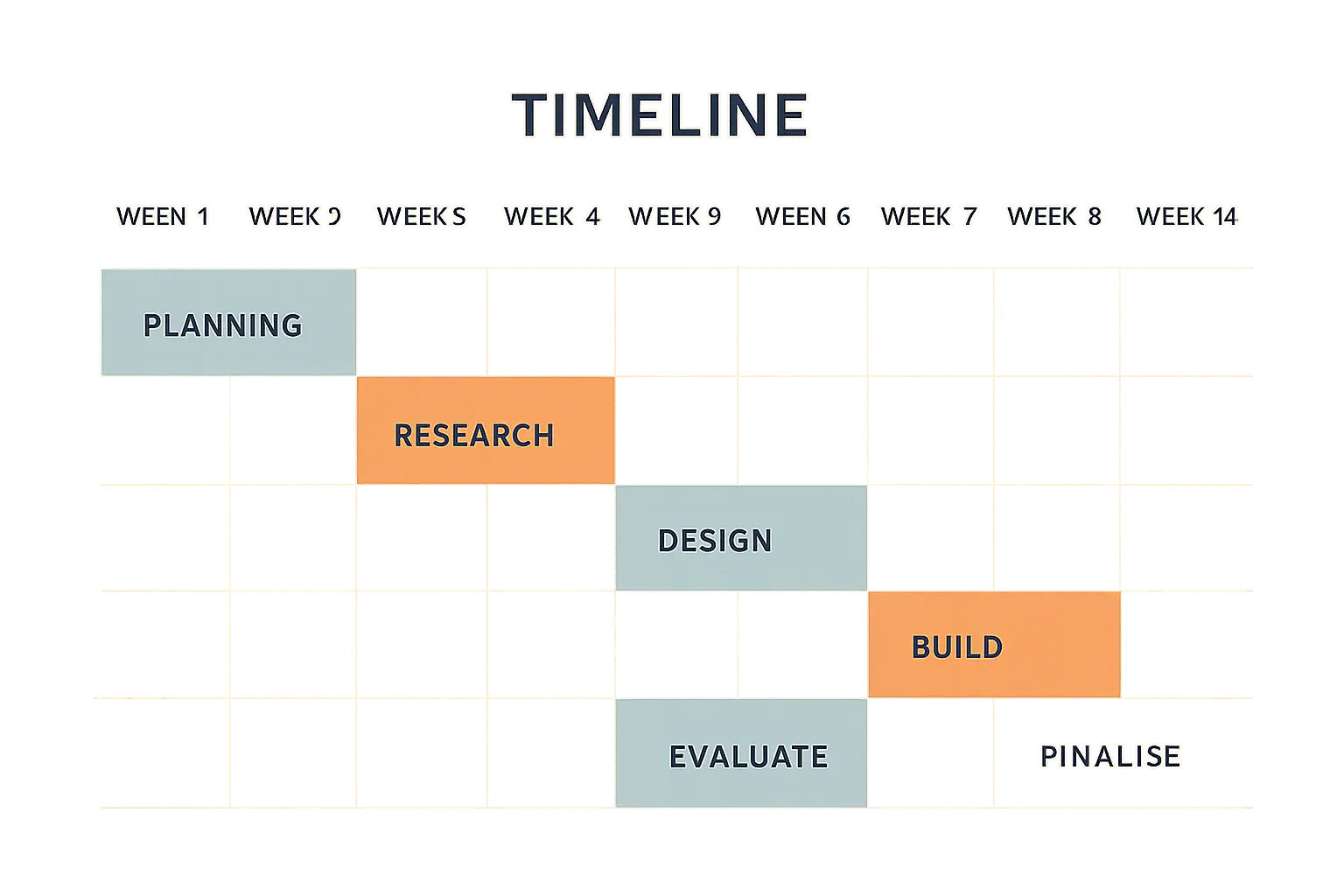 Timeline illustration showing a 14-week pacing plan for a computer science FYP