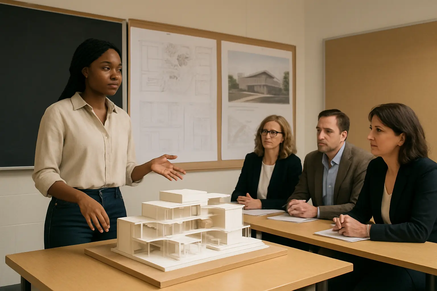 Architecture students presenting a design thesis model and drawings at a final review jury table