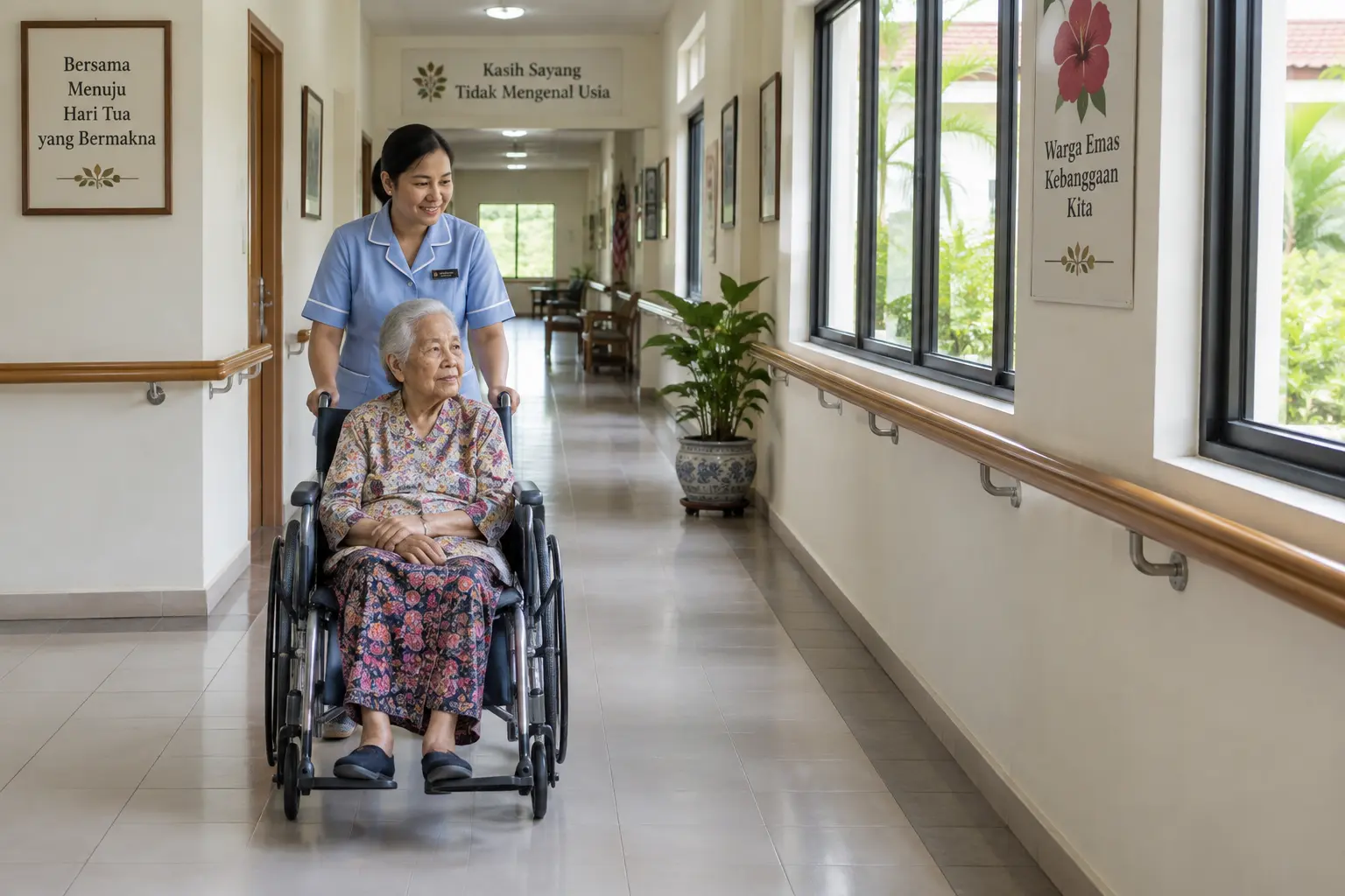 Nurse pushing a wheelchair down a bright residential elderly care facility hallway with wall handrails, representing a residential care research setting