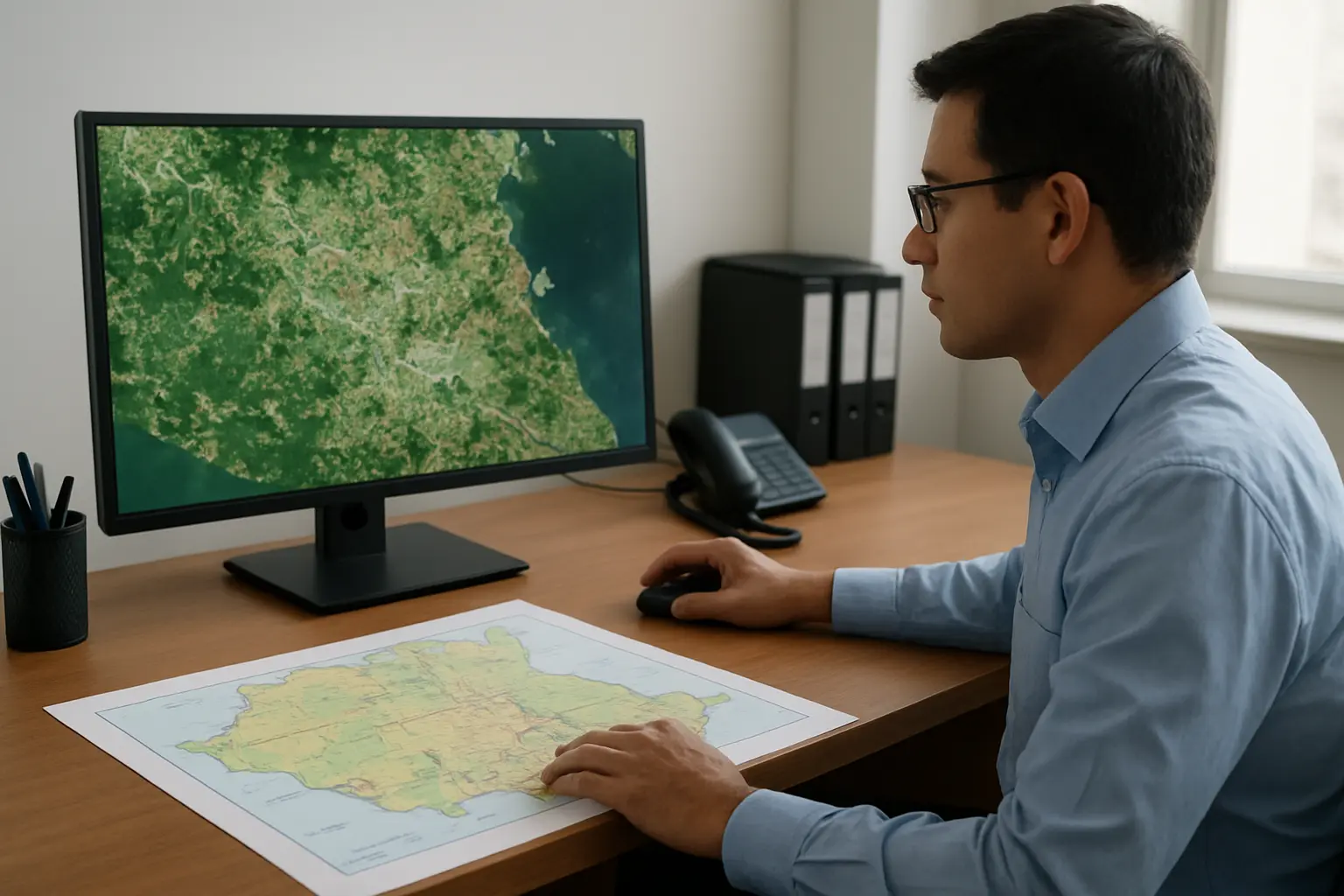 A researcher comparing satellite land cover imagery on a computer screen with a printed map of a Malaysian district