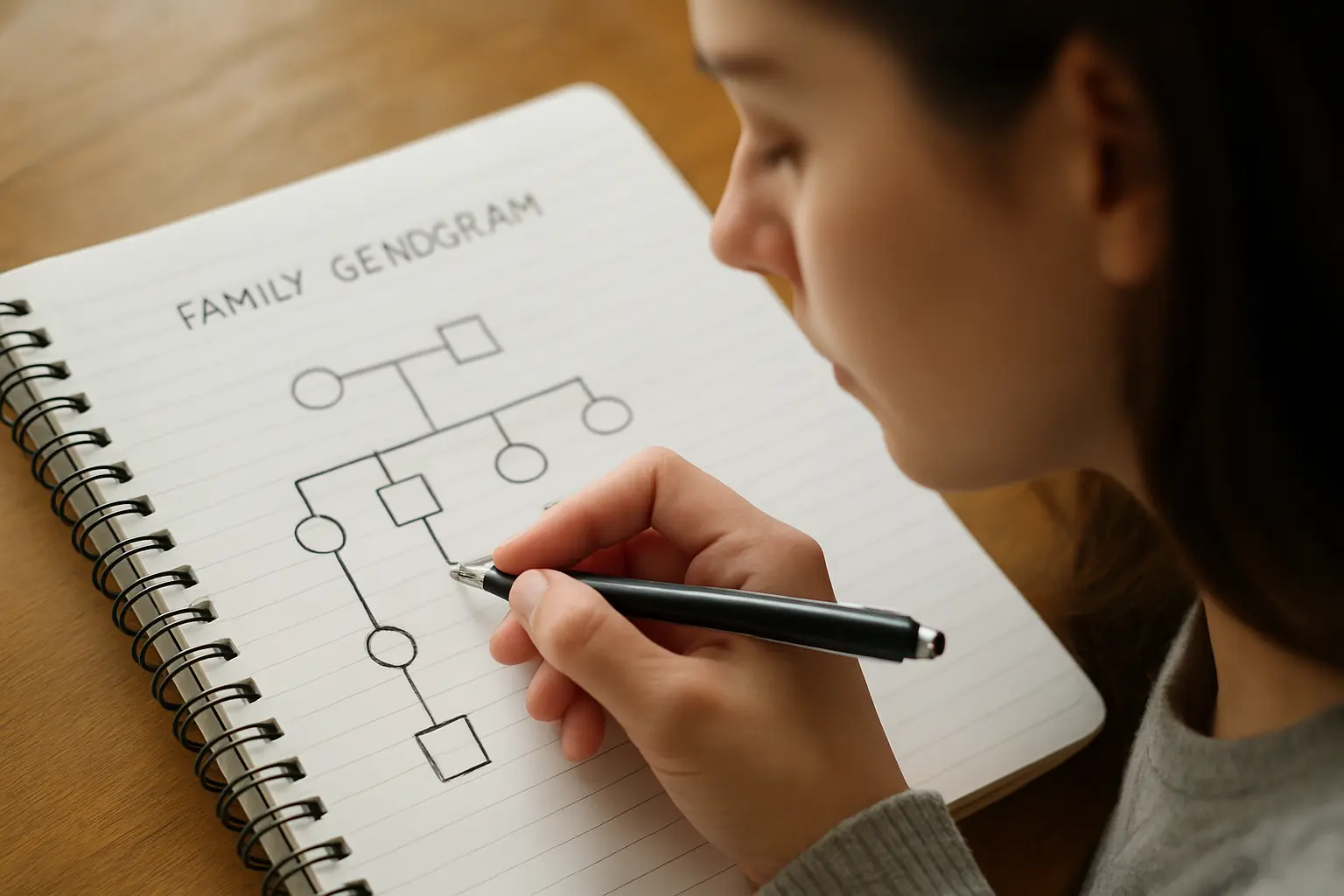 A social work student drawing a family genogram diagram in a notebook during a case study assignment