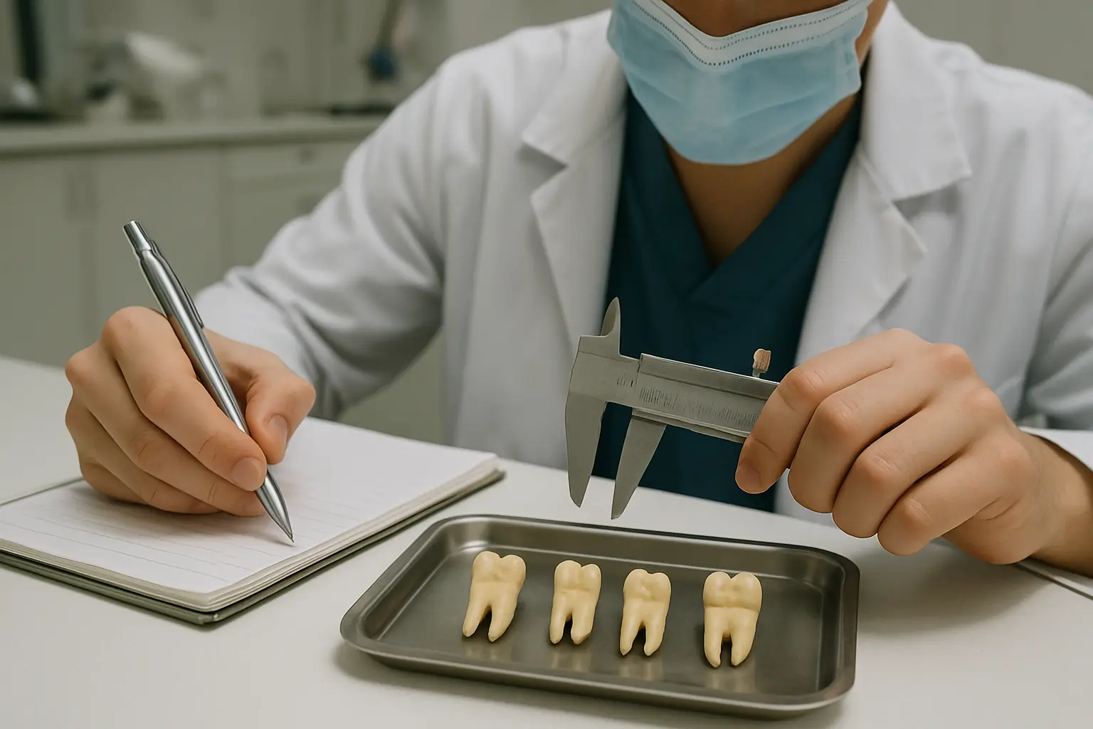 A dentistry student recording measurements from extracted teeth specimens in a Malaysian university dental laboratory