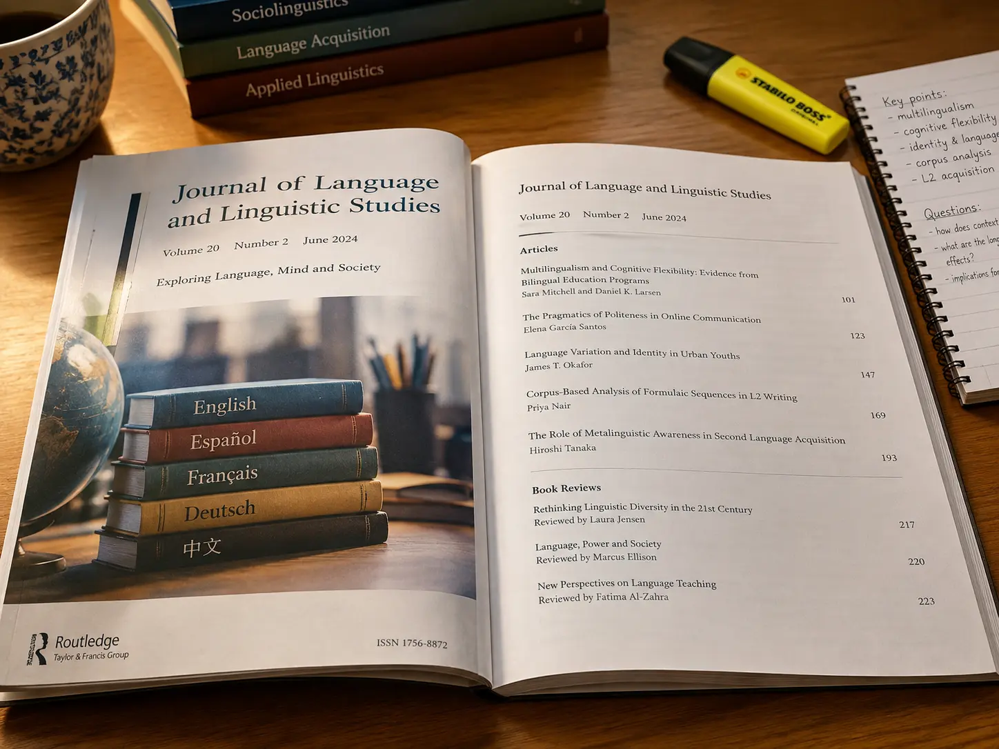 Open academic journal issue on a desk with a highlighter and notebook, representing a Malaysian applied linguistics journal