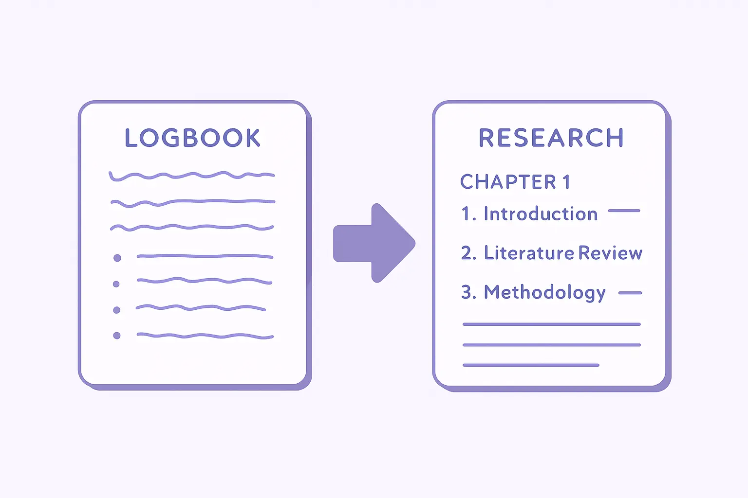 Illustration showing a logbook entry transforming into a structured FYP research angle