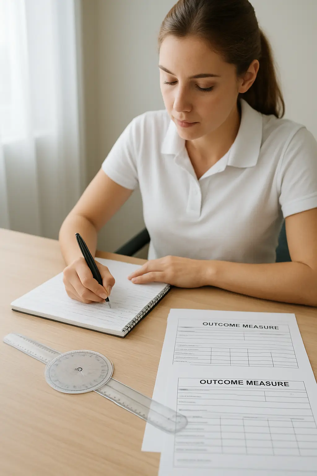 A student physiotherapist writing thesis notes beside a goniometer and outcome measure forms