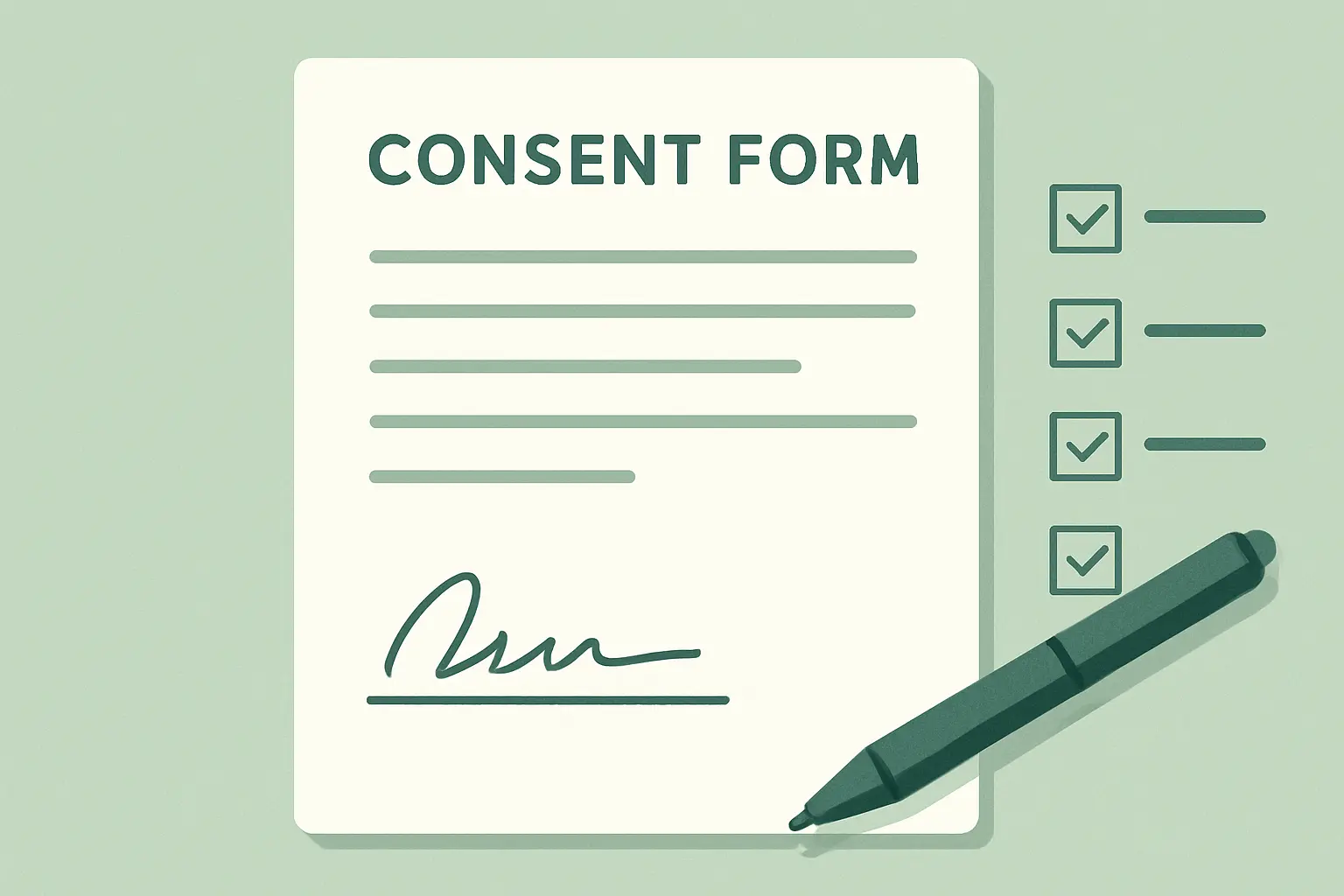 Illustration of a signed informed consent form with a checklist of required elements