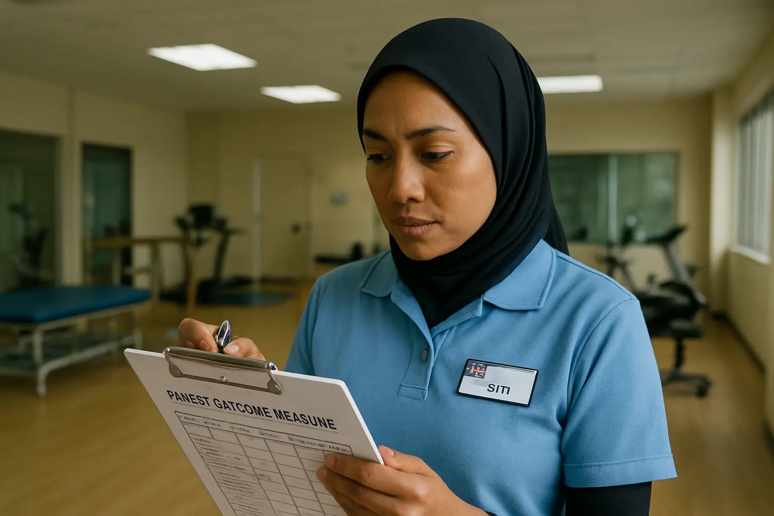 A physiotherapist reviewing a patient outcome measure chart in a Malaysian hospital rehabilitation gym